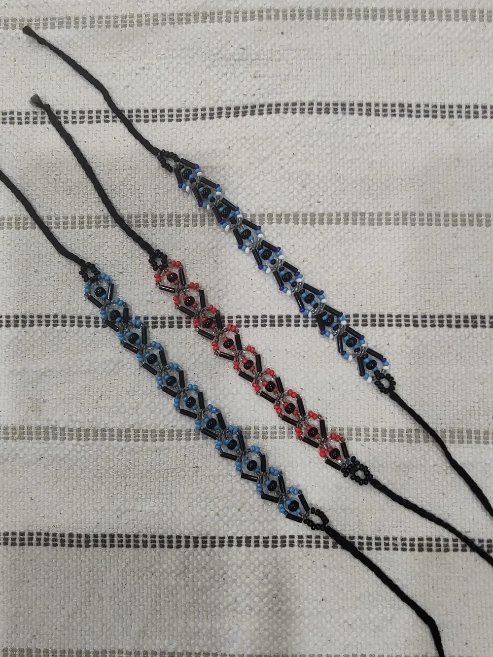 Handmade Beaded Bracelets - Black Cord with Blue and Red Beads - Set Of 3